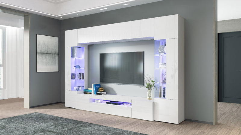 Parete attrezzata colore bianco lucido con 2 vetrine e ampio vano TV cm 200x40x191h