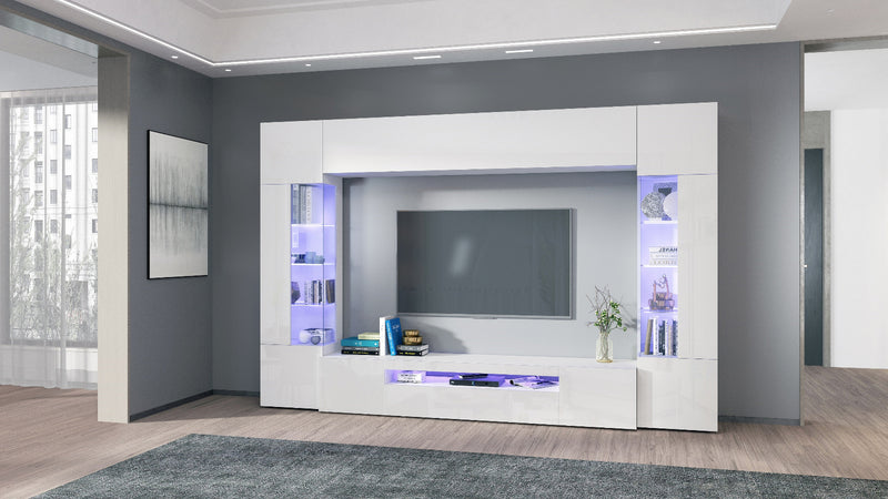 Parete attrezzata colore bianco lucido con 2 vetrine e ampio vano TV cm 200x40x191h