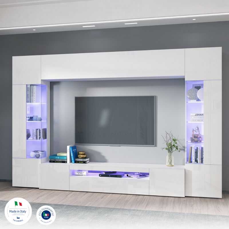 Parete attrezzata colore bianco lucido con 2 vetrine e ampio vano TV cm 200x40x191h