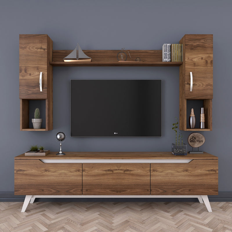 parete moderna da salotto con mobile tv pensili e mensola in legno colore noce e bianco