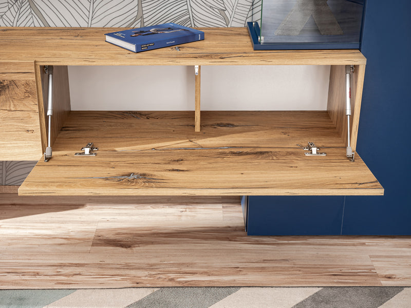 Karina - Parete attrezzata moderna con mobile tv sospeso e vetrina blu cm 210x40x162h
