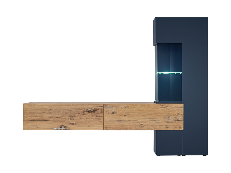 Karina - Parete attrezzata moderna con mobile tv sospeso e vetrina blu cm 210x40x162h