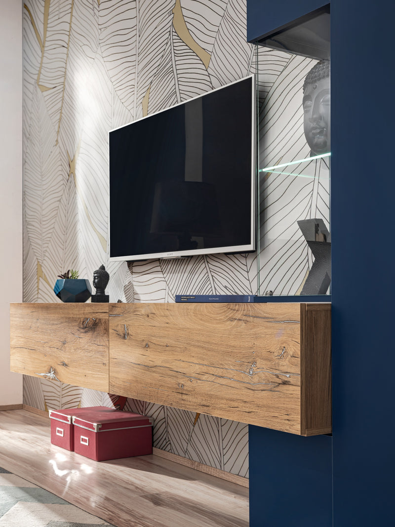 Karina - Parete attrezzata moderna con mobile tv sospeso e vetrina blu cm 210x40x162h