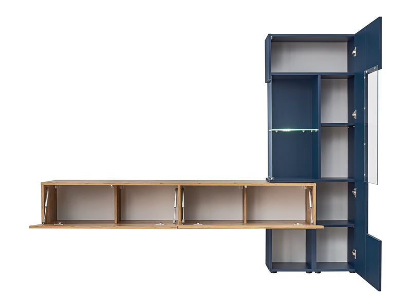 Karina - Parete attrezzata moderna con mobile tv sospeso e vetrina blu cm 210x40x162h