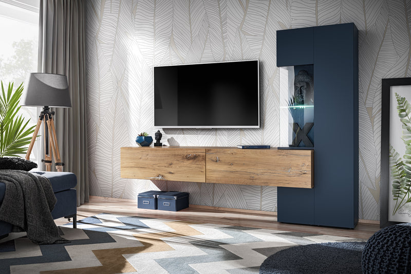 Karina - Parete attrezzata moderna con mobile tv sospeso e vetrina blu cm 210x40x162h