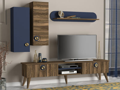 Parete composizione da salotto con porta tv pensili e mensola noce e blu