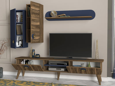 Parete composizione da salotto con porta tv pensili e mensola noce e blu
