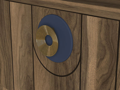 Parete composizione da salotto con porta tv pensili e mensola noce e blu