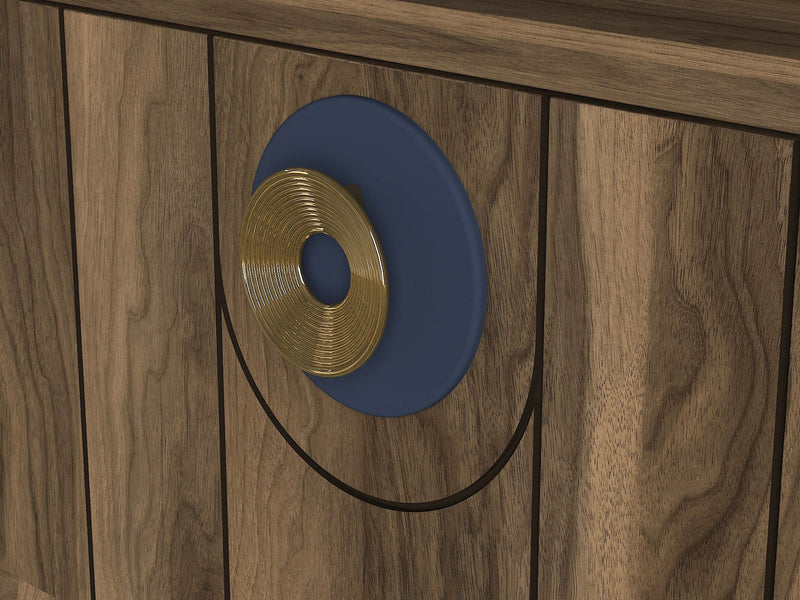 Parete composizione da salotto con porta tv pensili e mensola noce e blu