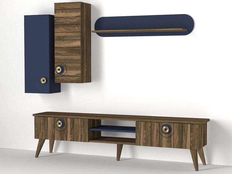Parete composizione da salotto con porta tv pensili e mensola noce e blu