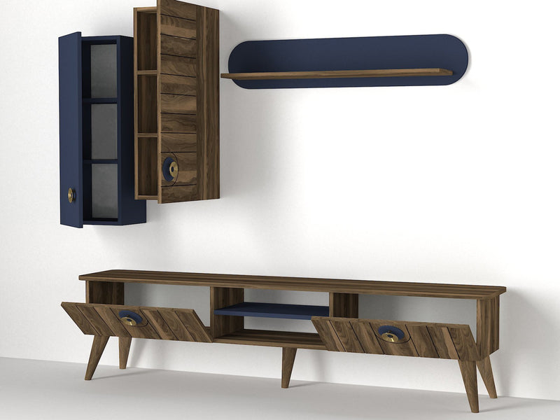 Parete composizione da salotto con porta tv pensili e mensola noce e blu