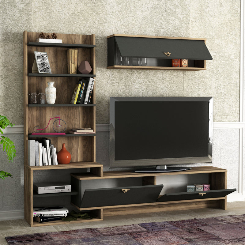 Parete attrezzata design zona living con mobile tv e libreria in legno bicolore