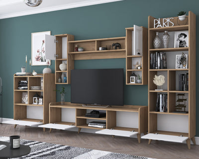 Parete attrezzata con mobile porta TV libreria mensola e mobiletto noce e bianco