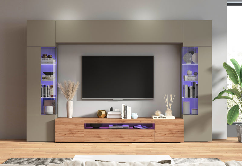 Parete attrezzata tortora da soggiorno con vetrine laterali mobile tv a pensili cm 200x40x191h