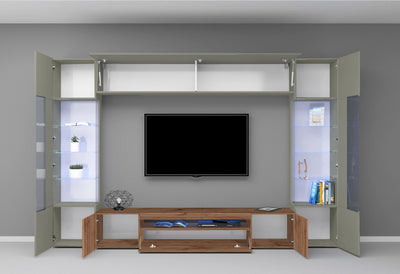 Parete attrezzata tortora da soggiorno con vetrine laterali mobile tv a pensili cm 200x40x191h