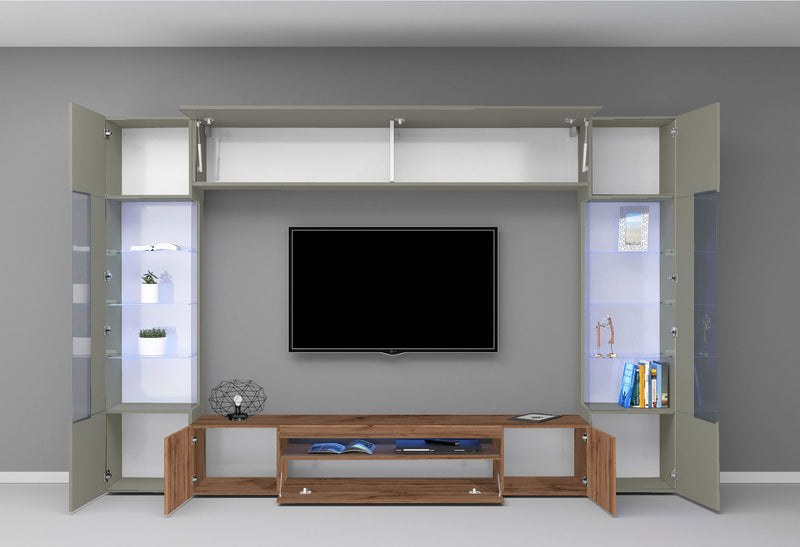 Parete attrezzata tortora da soggiorno con vetrine laterali mobile tv a pensili cm 200x40x191h