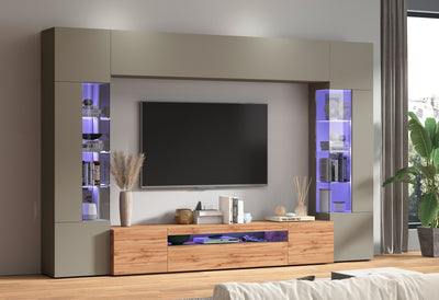 Parete attrezzata tortora da soggiorno con vetrine laterali mobile tv a pensili cm 200x40x191h