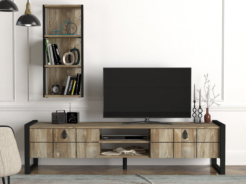 Parete attrezzata stile vintage in legno con mobile tv a 2 ante e scaffale mensola da muro - vari colori