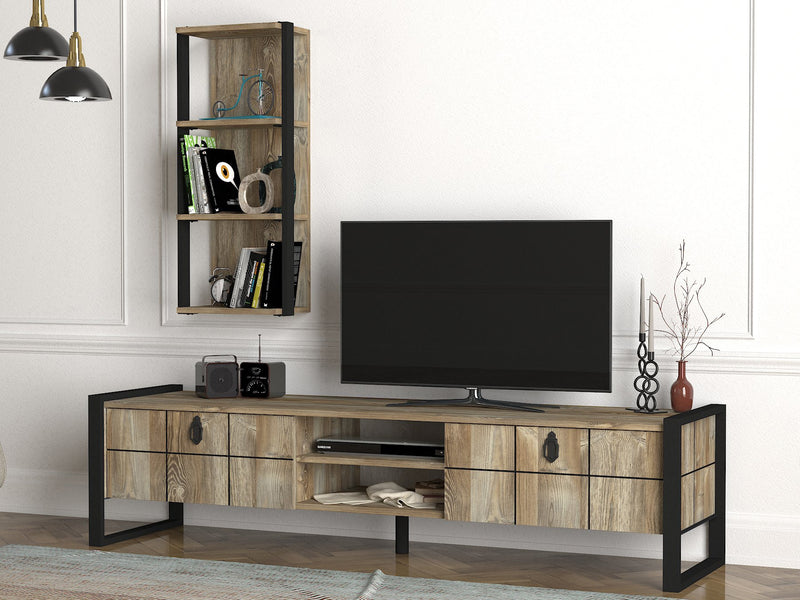 Parete attrezzata stile vintage in legno con mobile tv a 2 ante e scaffale mensola da muro - vari colori