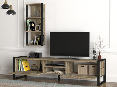 Parete attrezzata stile vintage in legno con mobile tv a 2 ante e scaffale mensola da muro - vari colori