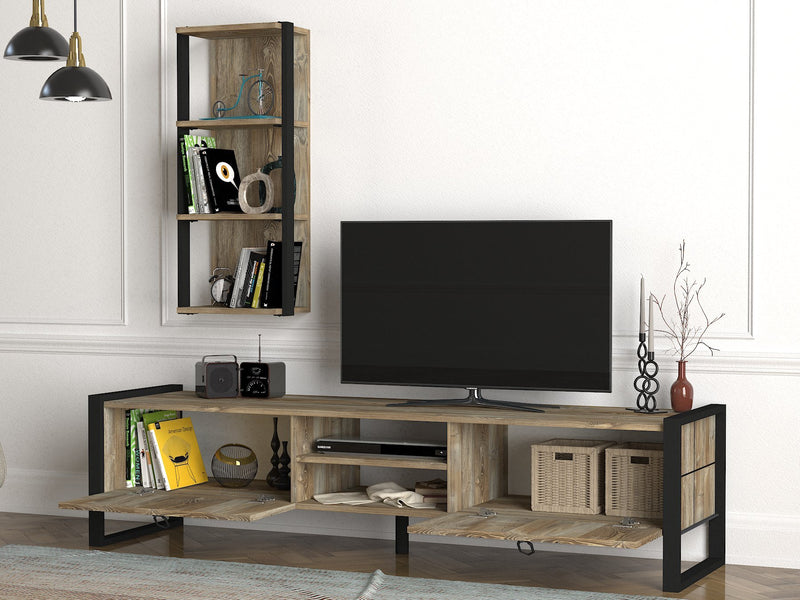 Parete attrezzata stile vintage in legno con mobile tv a 2 ante e scaffale mensola da muro - vari colori