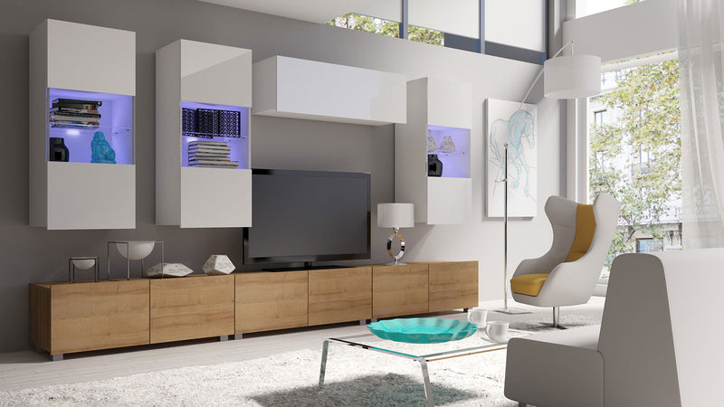 parete living moderna pensili vetrinetta oensile orizzontale e mobile tv con 5 ante in legno quercia e bianco