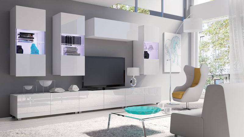 parete design moderno colore bianco lucido con vetrinetta sospesa e mobile tv