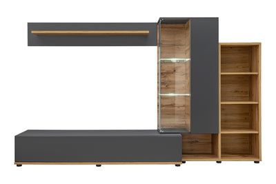 Perlage - Parete attrezzata moderna grigio antracite e quercia con vetrina e libreria cm 240x40x145h