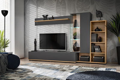 Perlage - Parete attrezzata moderna grigio antracite e quercia con vetrina e libreria cm 240x40x145h