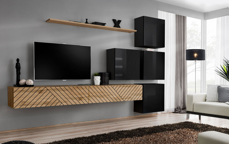 parete componibile sospesa cubi nero lucido pensili quercia con decorazione geometrica