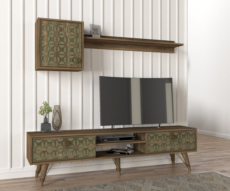 Composizione living con mobile tv e mensola in legno noce e verde decorata