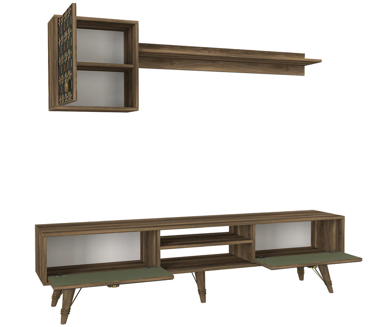 Composizione living con mobile tv e mensola in legno noce e verde decorata