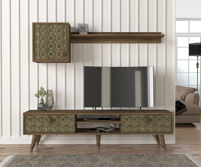 parete soggiorno composizione mobile tv mensola stile etnico in legno noce e verde frontali decorati