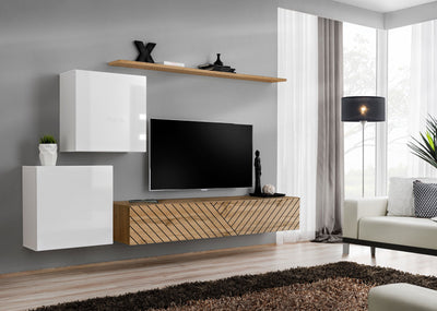 parete soggiorno con pensile orizzontale e mensola quercia con fantasia geometrica linee oblique colore nero e cubi bianco