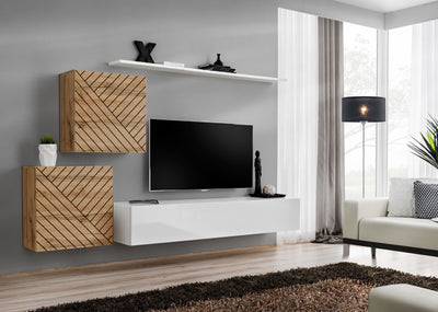 parete sospesa con cubi colore quercia con fantasia geometrica linee nere e pensile bianco lucido