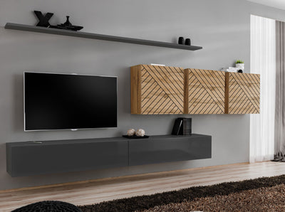 parete moderna componibile pensili colore antracite e quercia con decorazione geometrica