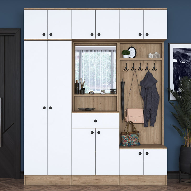 Parete ingresso con armadio appendiabiti specchio in legno noce e bianco cm 180x38x226h