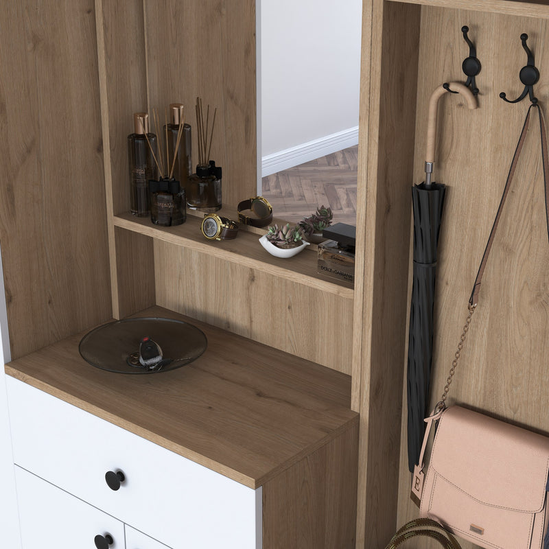 Parete ingresso con armadio appendiabiti specchio in legno noce e bianco cm 180x38x226h