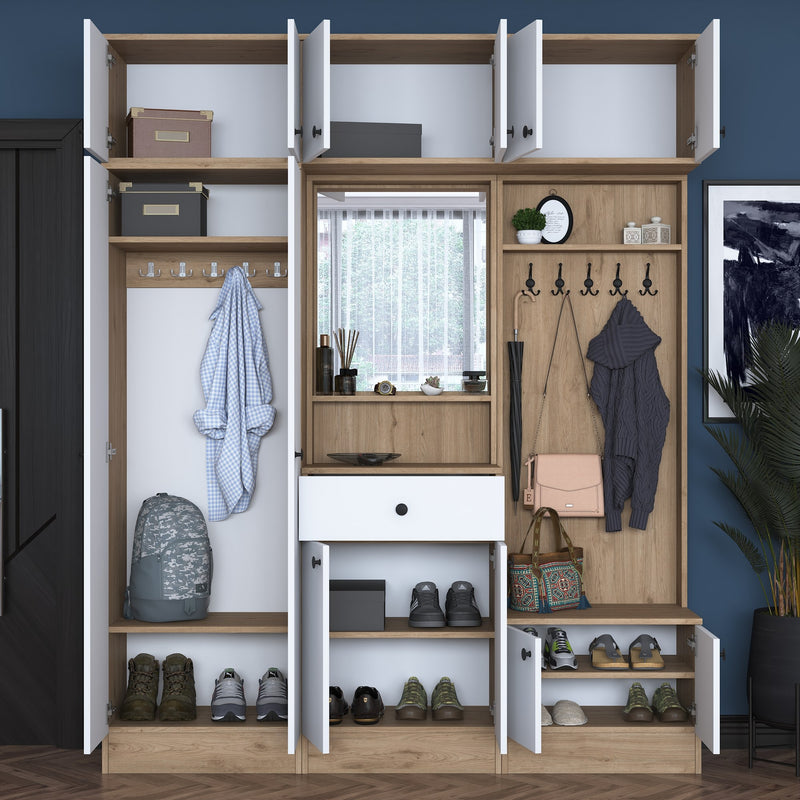 Parete ingresso con armadio appendiabiti specchio in legno noce e bianco cm 180x38x226h