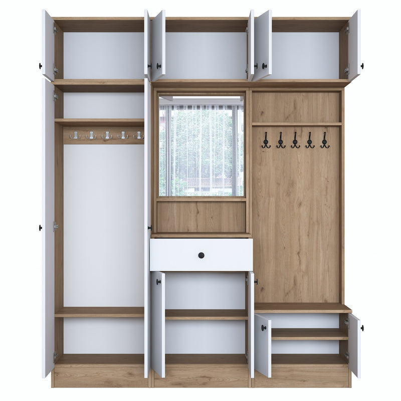Parete ingresso con armadio appendiabiti specchio in legno noce e bianco cm 180x38x226h