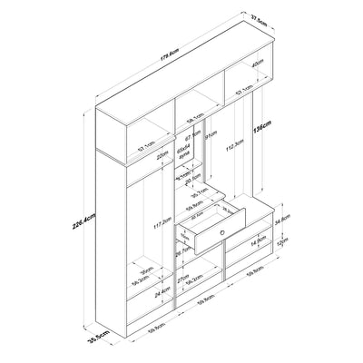 Parete ingresso con armadio appendiabiti specchio in legno noce e bianco cm 180x38x226h