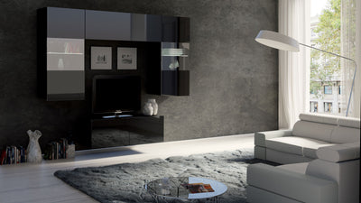 parete living colore nero con vetrinette pensile e mobile tv 2 ante