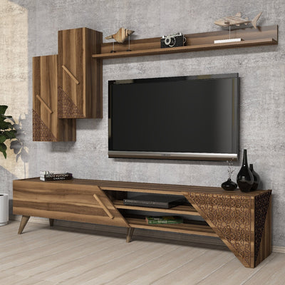 Parete design porta tv pensili e mensola in legno noce decorata