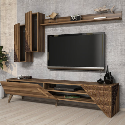 Parete design porta tv pensili e mensola in legno noce decorata