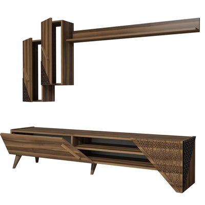 Parete design porta tv pensili e mensola in legno noce decorata
