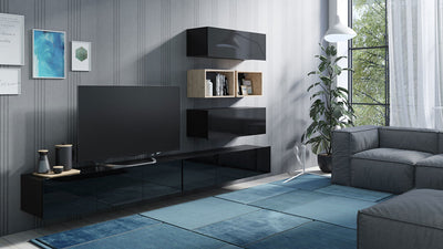 parete design moderno con porta tv colore nero e vani rovere