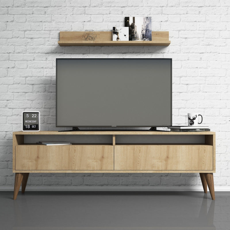parete moderna in legno quercia con base tv e mensola in legno colore quercia
