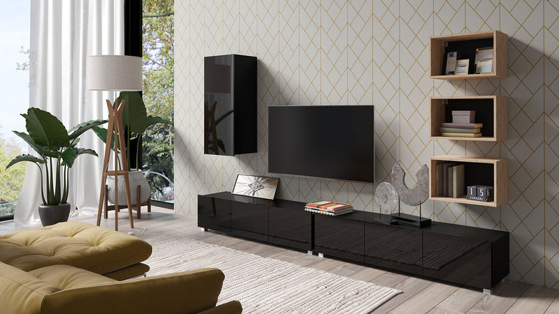 parete da terra moderna in legno colore nero con porta tv pensile e vani colore rovere