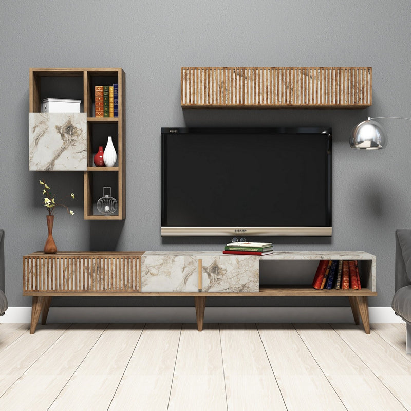 Parete living moderna con porta tv e pensile componibile marmo bianco e noce