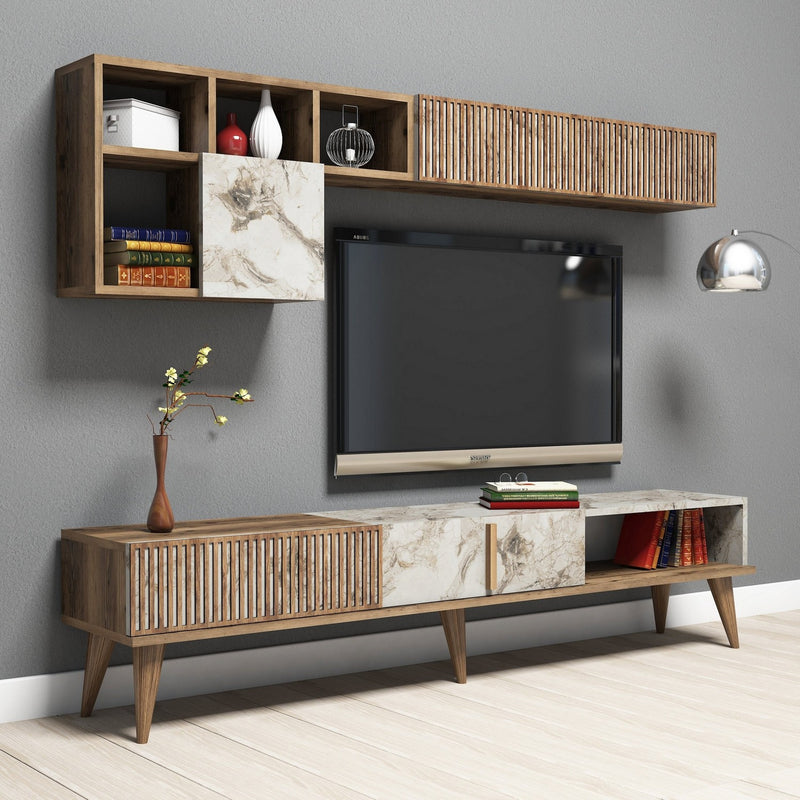 Parete living moderna con porta tv e pensile componibile marmo bianco e noce